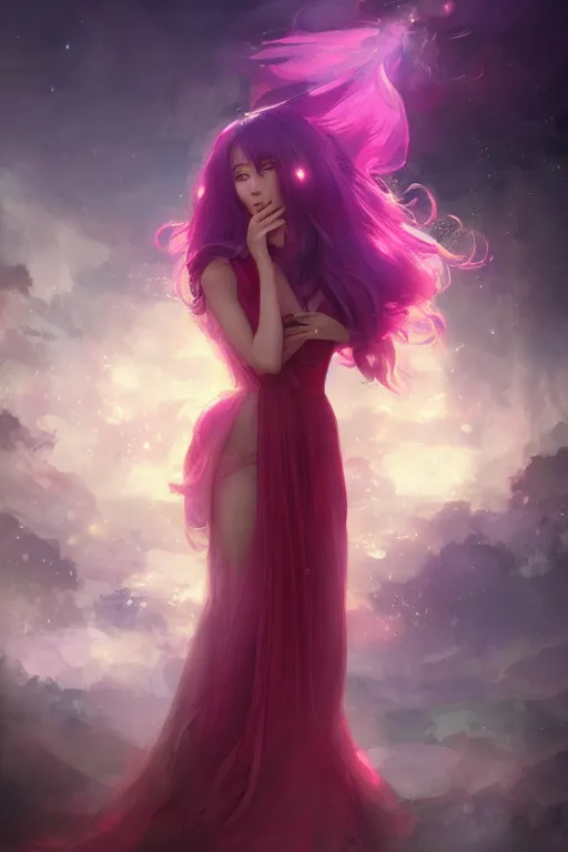 Prompt: 4k centered detailed portrait of a beautiful intimate woman with long purple cosmic hair and a beautiful red dress, by Greg Rutkowski and ross tran. Anime, volumetric lighting