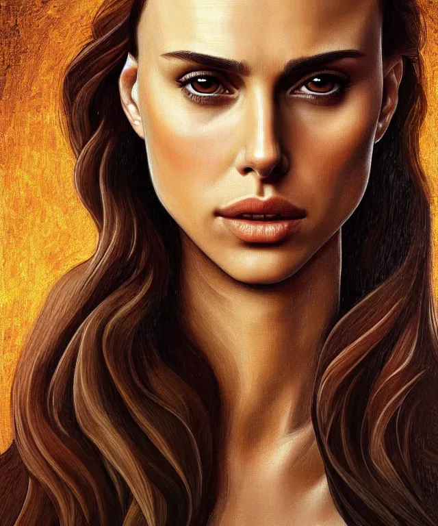 Image similar to half Nathalie portman half jessica alba portrait by Sandro Botticelli, sci-fi, amber eyes, beautiful face, appealing long hair, fantasy, intricate, elegant, highly detailed, digital painting, artstation, concept art, smooth, sharp focus, oil painted illustration by Sandro Botticelli