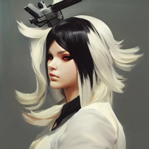 Image similar to greg manchess portrait painting of a 2 yorha type a no. 2 as overwatch character, white long hair, medium shot, asymmetrical, profile picture, organic painting, sunny day, matte painting, bold shapes, hard edges, street art, trending on artstation, by huang guangjian and gil elvgren and sachin teng