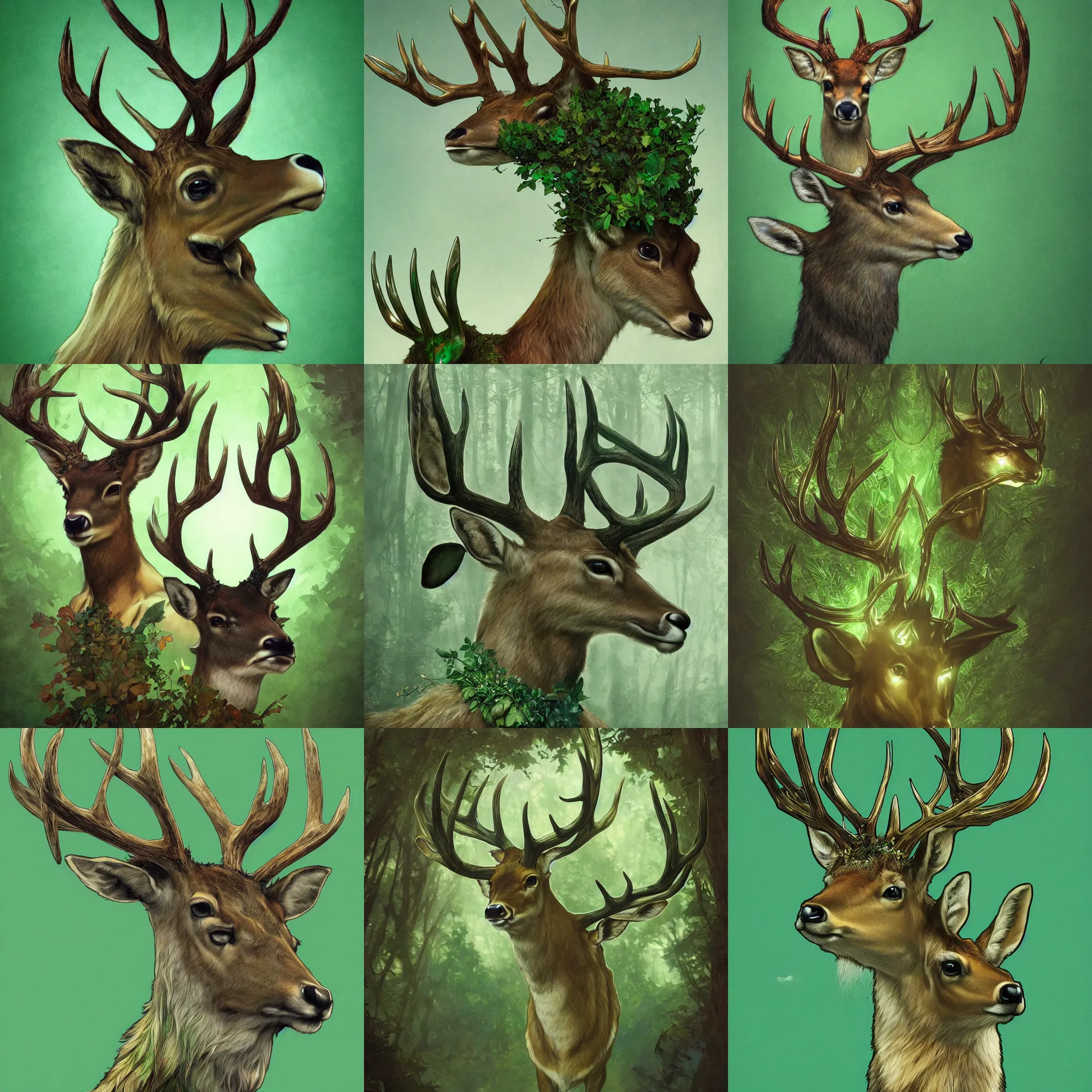 Prompt: ultra realistic illustration, symmetrical fantasy deer head against a green back for chroma key by artgerm and greg rutkowski and alphonse mucha, constant green background, trending on artstation