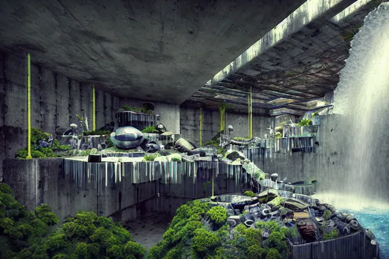 Image similar to favela bunker spaceship disco hive, brutalist waterfall environment, industrial factory, whimsical, award winning art, epic dreamlike fantasy landscape, ultra realistic,