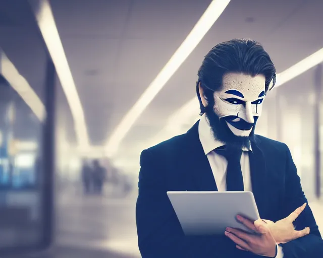 Image similar to man wearing guy fawkes mask looking at computer monitor, corporate photo, cinematic lighting