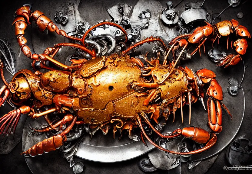 Prompt: complexity. insane detail. an opulent banquet of food on a table covered with beefy golden gundam lobster and beefy silver gundam nudibranch. filthy and rusty. trash everywhere. silver biomechanical giger ’ s xenomorph. the thing. low angle. reclaimed lumber, detailed and intricate environment, hyperrealism, food photography, rembrandt