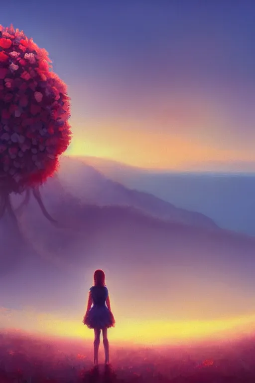 Image similar to closeup, giant flower head, girl standing on cliff, surreal photography, sunrise, blue sky, dramatic light, impressionist painting, digital painting, artstation, simon stalenhag