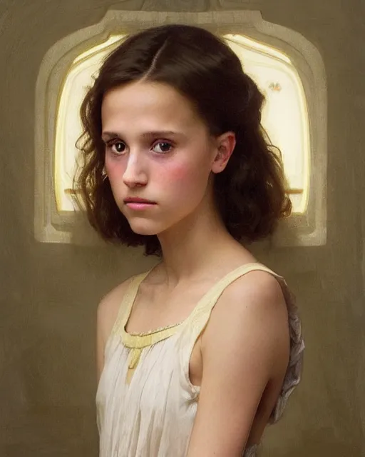 Image similar to a portrait painting of a shy, blushing 1 6 - year old alicia vikander or millie bobby brown, backlit, wearing a greek dress, elegant, highly detailed, artstation, concept art, by krenz cushart and donato giancola and william adolph bouguereau and alphonse mucha