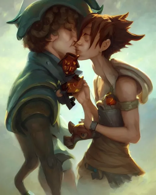 Image similar to cute little anthropomorphic akechi and makoto kissing, cute and adorable, pretty, beautiful, dnd character art portrait, matte fantasy painting, deviantart artstation, by jason felix by steve argyle by tyler jacobson by peter mohrbacher