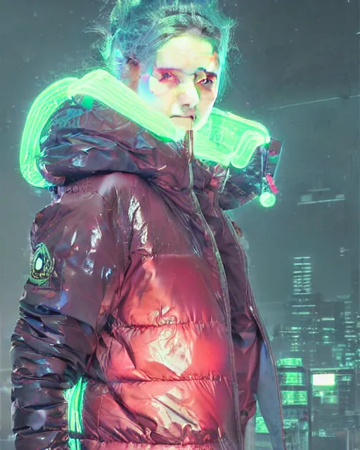 Image similar to detailed portrait Neon cleaner Girl, cyberpunk futuristic neon, reflective puffy coat, decorated with traditional Japanese ornaments by Ismail inceoglu dragan bibin hans thoma greg rutkowski Alexandros Pyromallis Nekro Rene Maritte Illustrated, Perfect face, fine details, realistic shaded, fine-face, pretty face