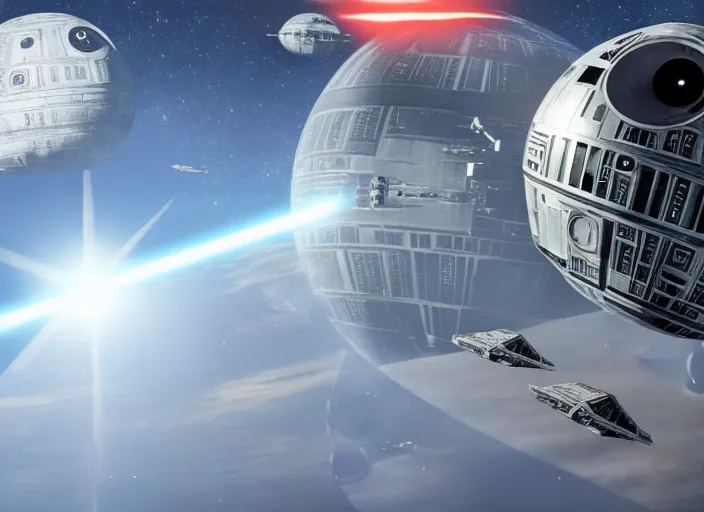 Prompt: film still of the death star hovering above earth in the new star wars movie, 4 k