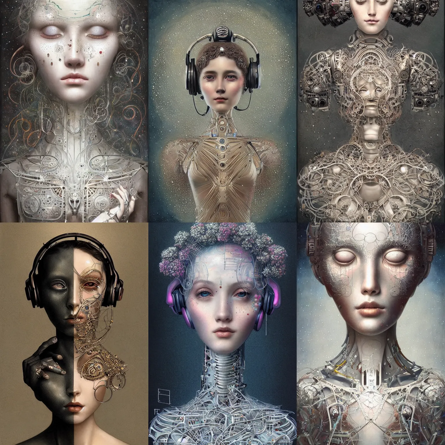 Prompt: beautiful humanoid robot, listening to godly music, music in the air, eye tears, happyness, highly detailed, perfect proportions, highly intricate, art by tom bagshaw