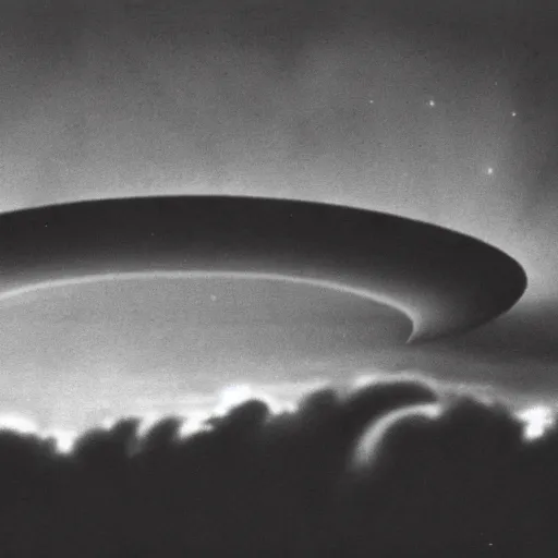 Image similar to dark photo of an ufo in the skies, there is a nuclear explosion behind, black and white, pictorialism