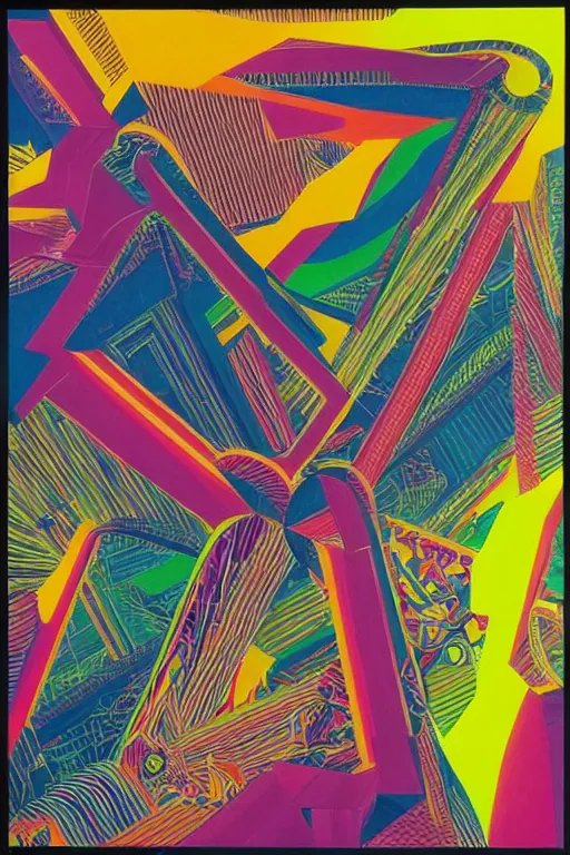 Prompt: volcano made out of colorful generative synthwave art, neon, contemporary, integral painting, by frank stella, by william weege, by eduardo paolozzi