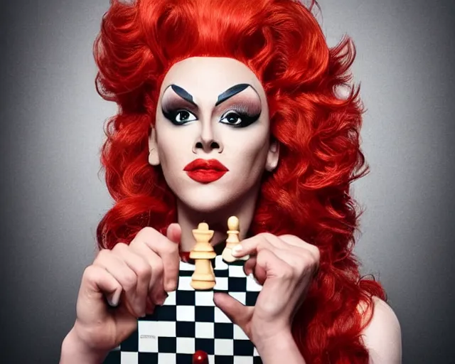 Image similar to red hair drag queen playing chess, netflix show poster