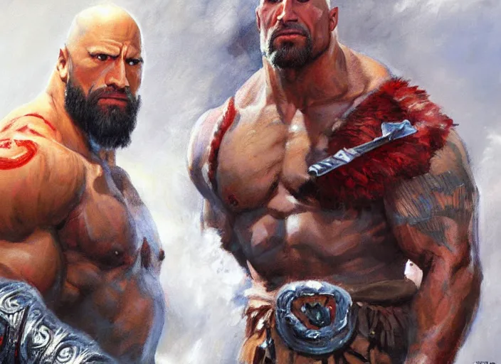 Image similar to a highly detailed beautiful portrait of dwayne johnson as kratos, by gregory manchess, james gurney, james jean