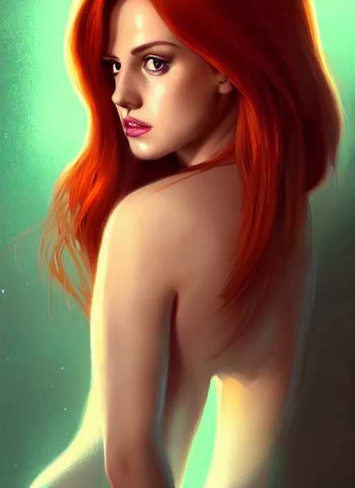 Image similar to full body portrait of teenage cheryl blossom, bangs, green eyes, mischievous expression, red hair, sultry smirk, bangs and wavy hair, intricate, elegant, glowing lights, highly detailed, digital painting, artstation, concept art, smooth, sharp focus, illustration, art by wlop, mars ravelo and greg rutkowski