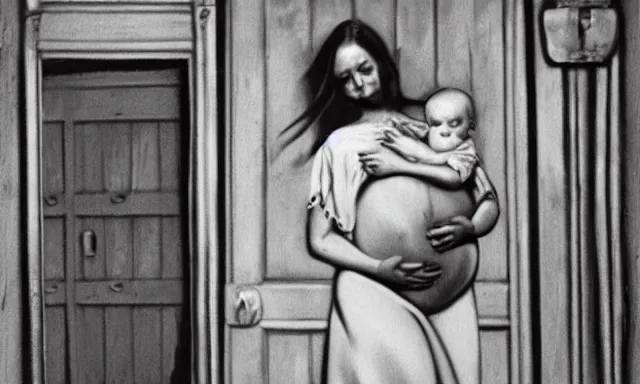 Prompt: pregnant woman in a doorway holding a flesh monstrosity like a baby fantasy painting