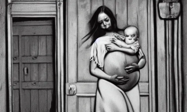 Image similar to pregnant woman in a doorway holding a flesh monstrosity like a baby fantasy painting