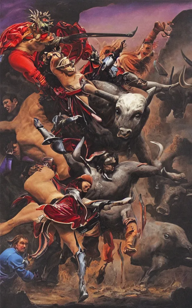 Prompt: a bullfighter being pushed out of the bull square by a giant minotaur, airbrush fantasy 80s, masterpiece album cover with black gradient on edges