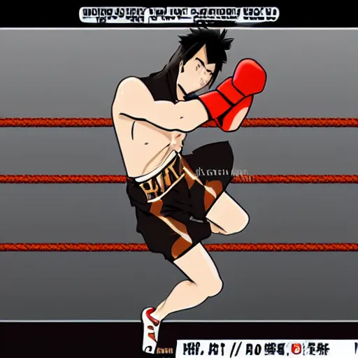 Image similar to hajime no ipo box fight, boxing in ring, 1v1 fight center stage, Ipo vs. Nekota, Ipo has black hair, lightweight, Nekota has brown hair, lightweight, Liver shot hitting oponent in the air, style of Hajime no Ipo, animated, high quality animation, HD, style of Anime: Hajime no Ipo, liver shot