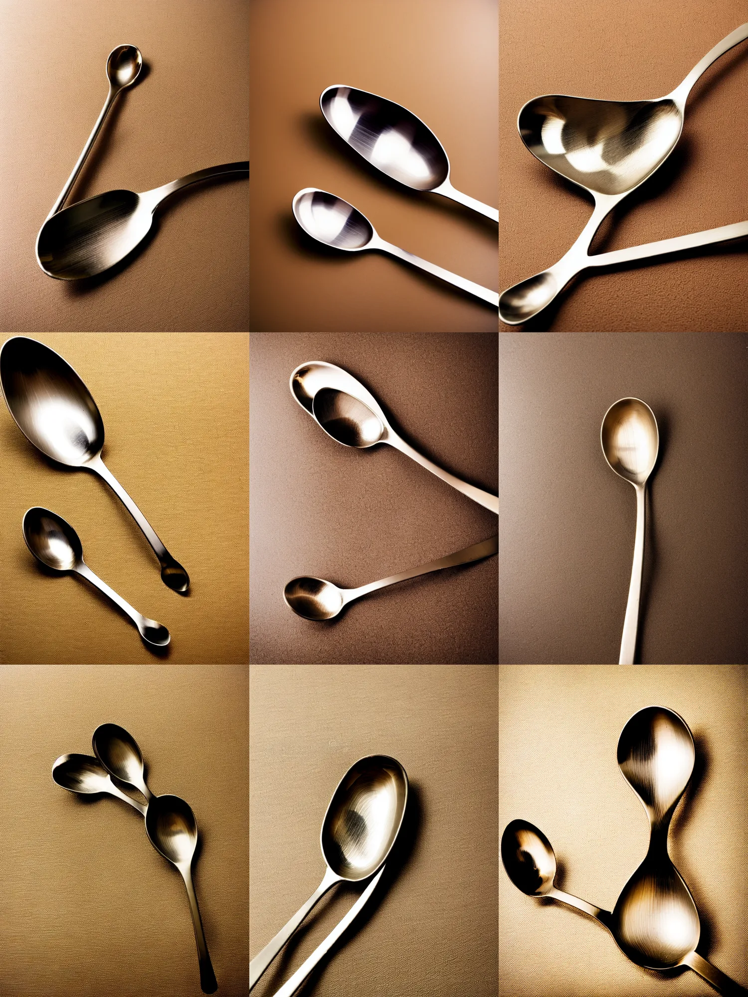 Prompt: framed stock picture of single stainless steel spoon, slightly rotated along its major axis, late nineties to early two - thousands, beige to creme background