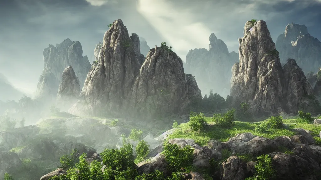 Prompt: epic landscape with large mountains and pillars of rock emerging from the ground, cinematic, light mist, volumetric lighting, hyperrealistic, detailed, 4 k hd