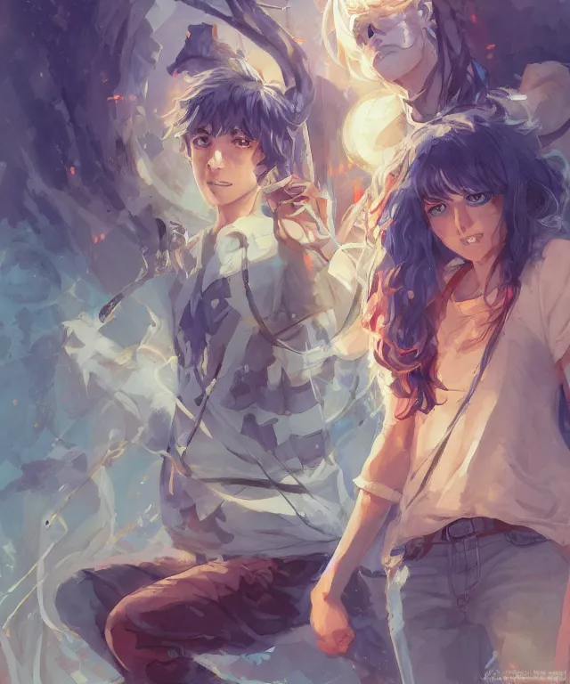 Image similar to percy jackson and annabeth chase, ambient, studio ghibli studio key hideaki anno sakimichan stanley artgerm lau rossdraws james jean marc simonetti elegant highly detailed digital painting artstation pixiv