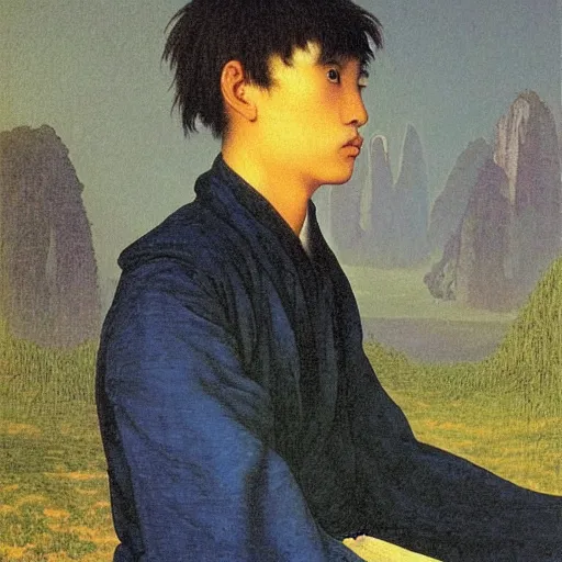 Prompt: a young man in guilin, by caspar david friedrich,