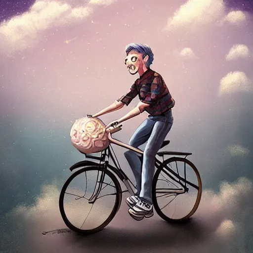 Prompt: A whimsical painting of a happy man flying in the sky on his bicycle in the clouds, digital art by Ross Tran