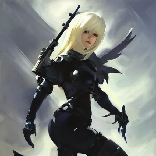 Image similar to greg manchess portrait painting of yorha no. 2 type b as overwatch character, medium shot, asymmetrical, profile picture, organic painting, sunny day, matte painting, bold shapes, hard edges, street art, trending on artstation, by huang guangjian and gil elvgren and sachin teng