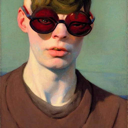 Prompt: asexual androgynous person wearing strange glasses painted by edgar maxence, edward hopper, wayne barlowe and james gilleard