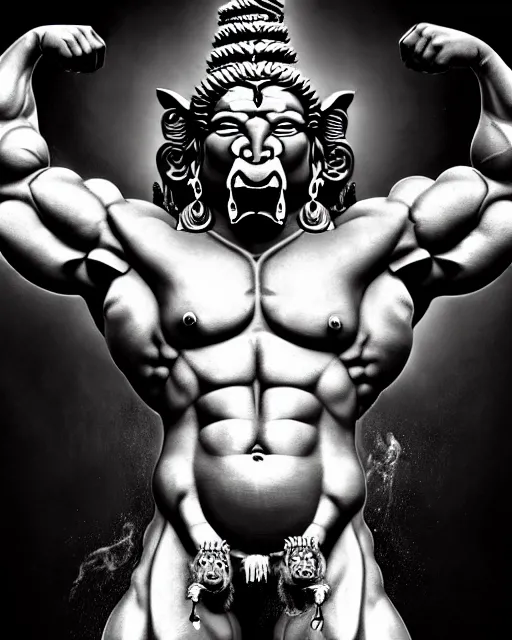 Prompt: amazing lifelike award winning realistic illustration of Angry muscular hindu God Shiva spewing fire from mouth wearing tiger skin in style of William-Adolphe Bouguereau, shiva body builder, blue skin, pumped biceps and abs, hypermuscular, trending on artstation, artgerm, Greg rutkowski, alphonse mucha, cinematic, epic Lighting, photorealistic, Octane render, Unreal Engine, Art nouveau