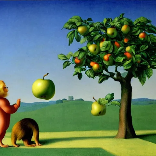 Image similar to an apple tree throwing apples at a monkey by Raphael, Hopper, and Rene Magritte. detailed, romantic, enchanting, trending on artstation.