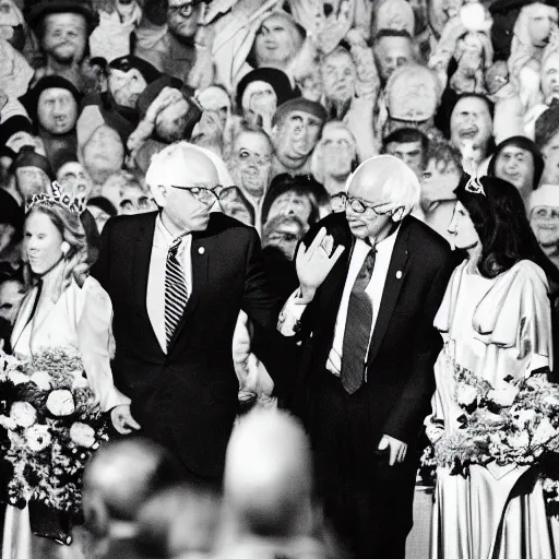 Prompt: Bernie Sanders being crowned King of the United States, everyone passes away from having too much food and healthcare, professional photography