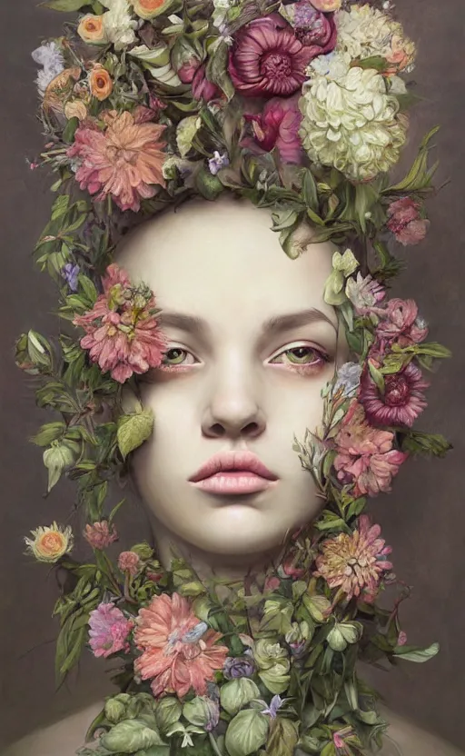 Prompt: a painting of a young woman with a head made of flowers, a surrealist painting by Marco Mazzoni, cgsociety, neo-figurative, detailed painting, rococo, oil on canvas, seapunk, lovecraftian