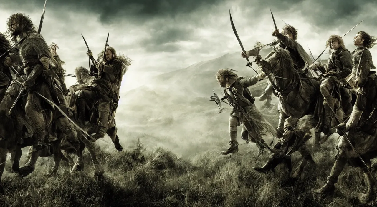 Image similar to the fellowship of the ring fighting with guns and rifles, lord of the rings aesthetic, in style of alan lee, cinematic, cinematic lighting, octane render, highly detailed