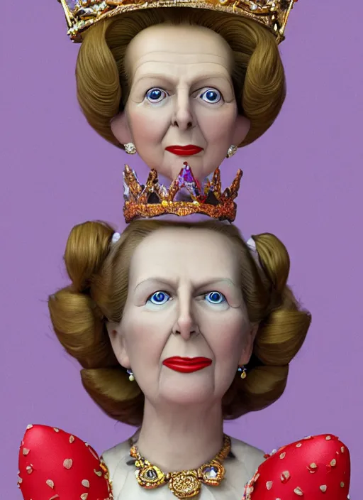 Image similar to closeup face profile portrait of tin toy margaret thatcher as a fairytale princess wearing a crown eating cakes, bikini, depth of field, zeiss lens, detailed, symmetrical, centered, fashion photoshoot, by nicoletta ceccoli, mark ryden, lostfish, breathtaking, 8 k resolution, extremely detailed, beautiful, establishing shot, artistic, hyperrealistic, octane render