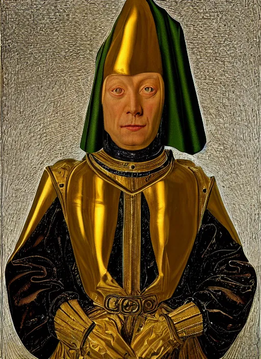 Image similar to a portrait of a shiny metallic renaissance robot, in the style of Jan van Eyck,