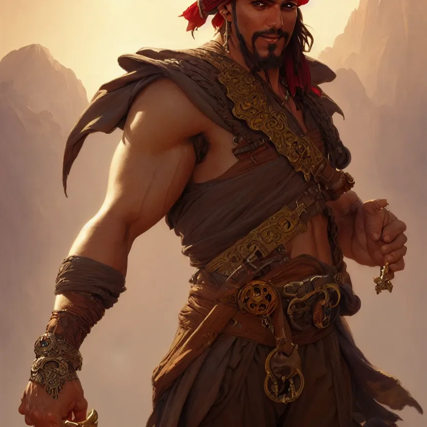 Image similar to , male pirate captain of the desert, muscular upper body, D&D, fantasy, intricate, elegant, highly detailed, digital painting, artstation, concept art, smooth, sharp focus, illustration, art by artgerm and greg rutkowski and alphonse mucha