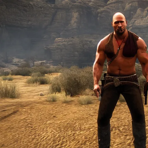 Image similar to dwayne the rock johnson as red dead redemption screenshot from red dead redemption