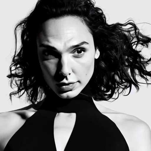 Image similar to professional mid shot photograph of fashion model gal gadot wearing black suit by reza nia, nick knight, amy judd, jil sander minimal romantic heavenly elite style, posed, beautiful, studio, studio lighting, flat neutral tone, sharp focus, 8 k, very fine detail, stunning matte painting