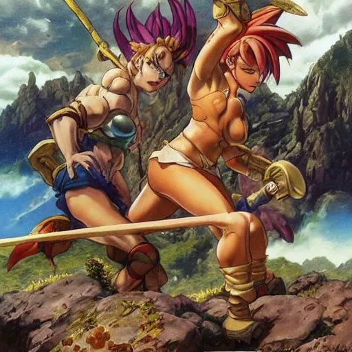 Prompt: crono stands atop a mountain of slain enemies as scantily clad babes marle and ayla clutch his legs, epic reimagining of chrono trigger by frank frazetta and boris vallejo