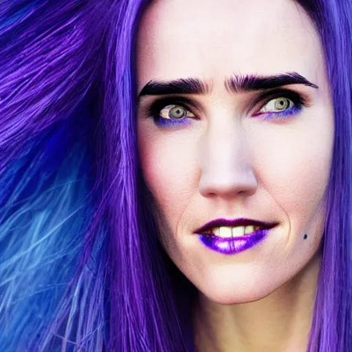 Prompt: beautiful witch female, Jennifer Connelly, blue and purple glowing hair, smiling, clear clean face, two perfect eyes, perfect eyes perfect symmetrical eyes, symmetrical face, blurry background, pose, Alexandra Fomina, painterly style, high contrast