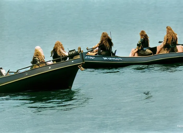 Image similar to photo of viking women in speed boats hunting, hyper realism, fujifilm velvia 5 0