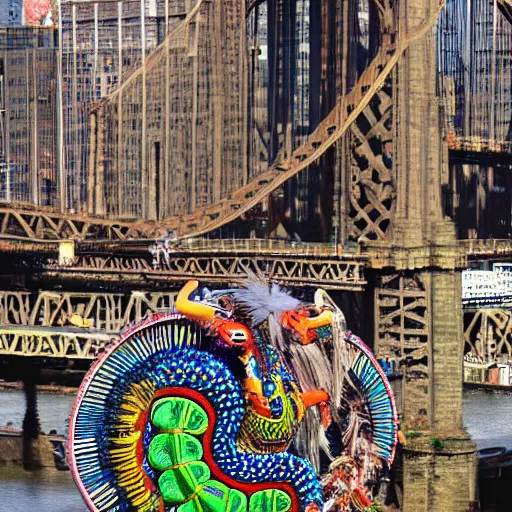 Image similar to an indigenous shaman dressed with a quetzalcoatl feathered serpent fighting against climate change garbage tornado non - human hyperobject in manhattan bridge