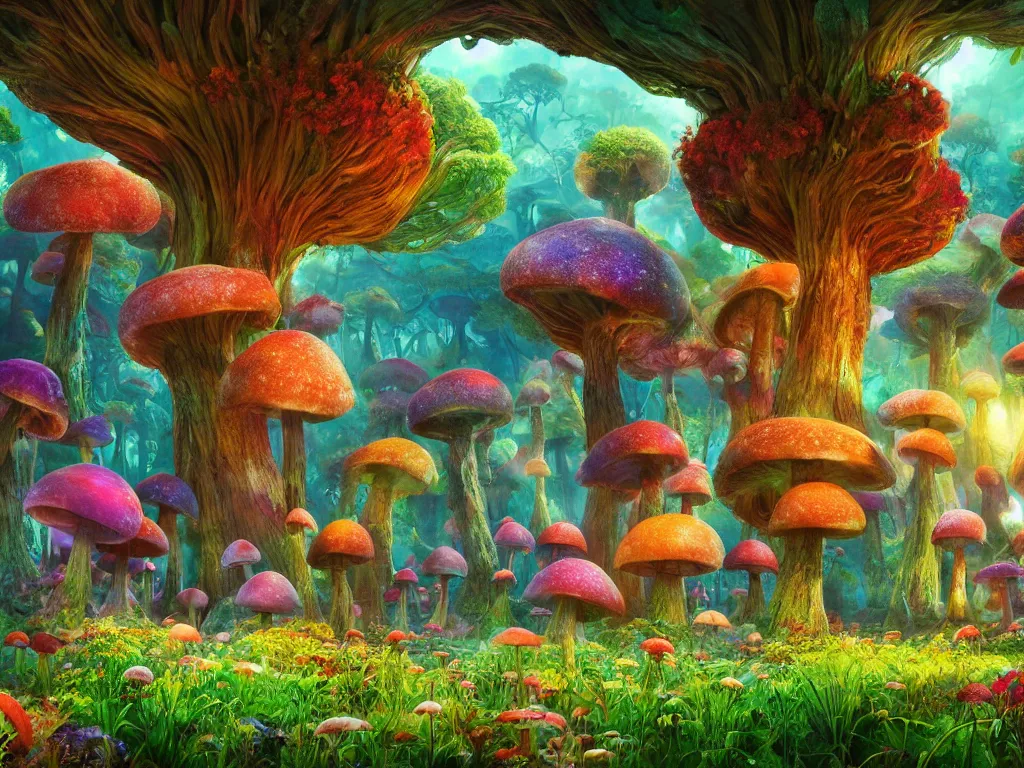 Image similar to a beautiful otherworldly fantasy landscape of giant luminous mushroom trees forming canopies over bright colorful mythical sprouted floral plants and colorful foliage on the ground, like alice in wonderland, extreme detail, studio ghibli and pixar and abzu, rendering, cryengine, deep color, vray render, cinema 4 d, cgsociety, bioluminescent