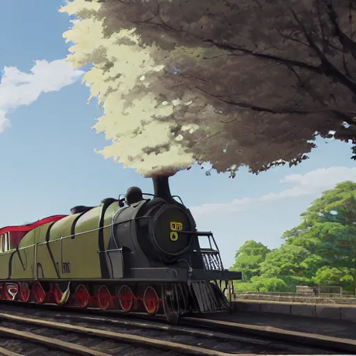 Image similar to concept art painting of a historic transverse view of a steam train, the train carries a cherry tree in flower, realistic, detailed, cel shaded, in the style of makoto shinkai and greg rutkowski and james gurney