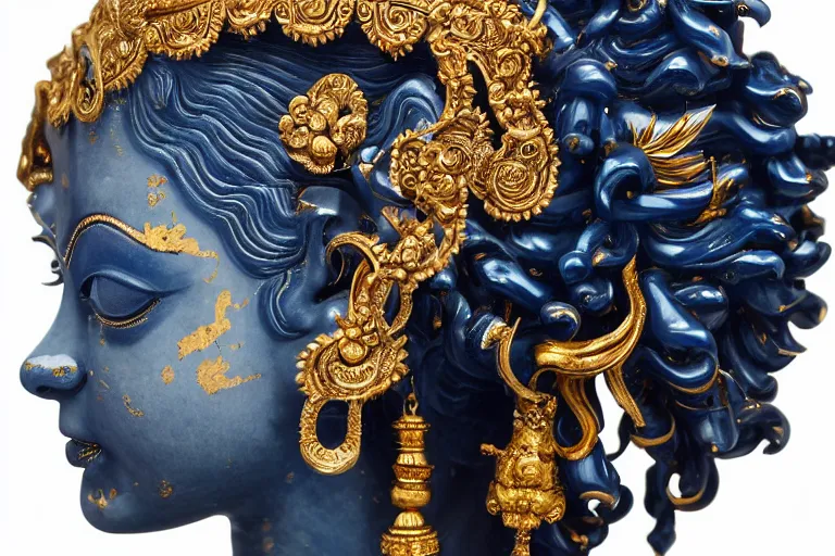 Prompt: full head and shoulders, beautiful female, deep blue porcelain sculpture, plastic jewellery of a hindu god, with lots of ornate gold leaf animals, attached to head by daniel arsham and james jean, on a white background, delicate facial features