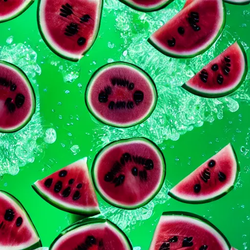 Image similar to an exploding watermelon where each piece of water melon has a mirrored surface that’s reflects a dystopian world, 4K vivid