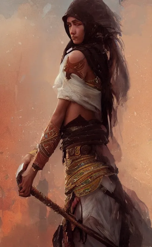 Image similar to The most beautiful arabian warrior girl in the world crying water,digital art,ultra realistic,ultra detailed, ultra wide Lens, art by greg rutkowski