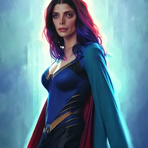 Prompt: Ashley Greene with blue hair as Scarlet Witch, western, D&D, fantasy, intricate, elegant, highly detailed, digital painting, artstation, concept art, matte, sharp focus, illustration, art by Artgerm and Greg Rutkowski and Alphonse Mucha