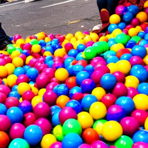 Prompt: millions of colorful bouncy balls are bouncing the streets of new york city